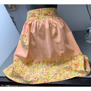 Vintage Handmade Floral Apron Pocket & Tie-Back Design Peach & Yellow Fabric Wai